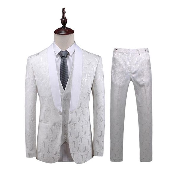 

мужской костюм мужской костюм-тройка (куртка + брюки + жилет) белое жаккардовое однобортное тонкое банкетное платье, White;black
