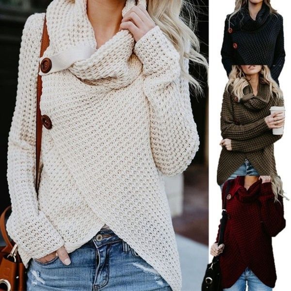

cibo autumn winter womens fashion knit sweater buttons loose cardigan coat ladies warm high collar irregular sweater 4 colors, White;black