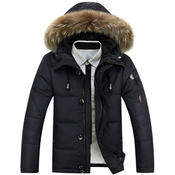 

90% white duck down winter warm coat 2019 new hat detachable fur collar parkas down jacket hooded feather clothing for men male, Black