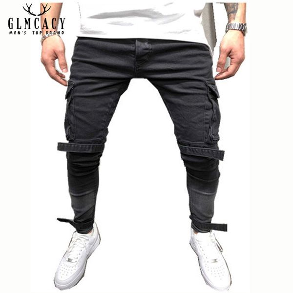 

men's distressed jeans streetwear cargo pockets hook and pile tape accessories casual slim fit street fashion, Blue