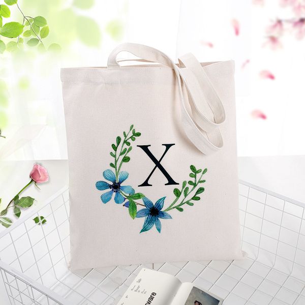 

women canvas bag art letter design blue series x-z print tote bag eco reusable shopping daily use handbag washable