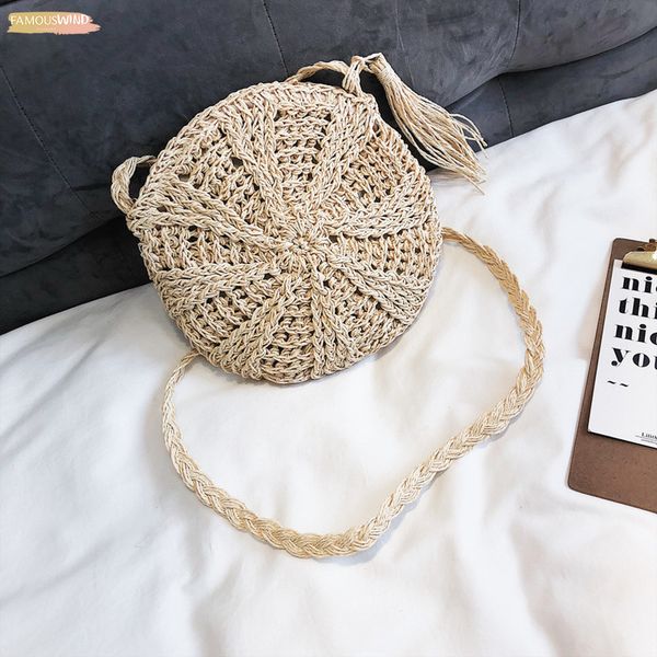 

2020 new round women lady handmade knitted woven rattan bags straw messenger beach bag plain girl national handbags messenger bags