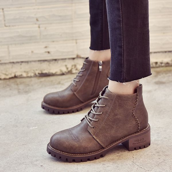 

women shoes winter casual ankle boots round toe square heel motorcycle boots sewing med heels side zipper shoes zapatos de mujer, Black