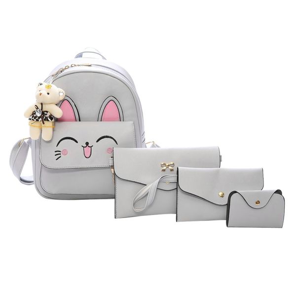 

4pcs/set cute women cat print backpack female pu leather school mochila for teenage girls student bag set rucksack zipper bags