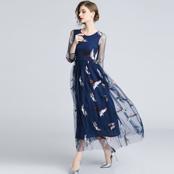 

luxury bohemian dress 2019 autumn runway elegant brand designer bird blue embroidery boho mesh dress women vintage long dresses, Black;gray
