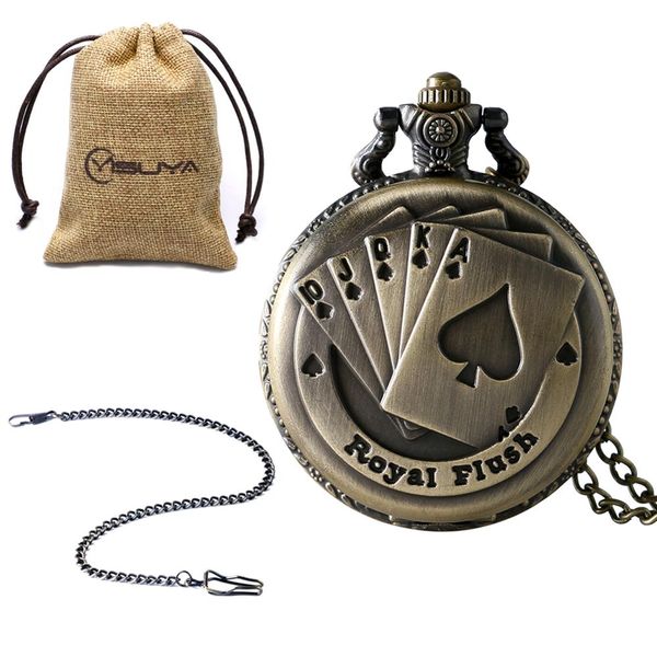 

bronze vintage royal flush poker cards lucky quartz pocket watch necklace pendant chain gift reloj de bolsillo, Slivery;golden