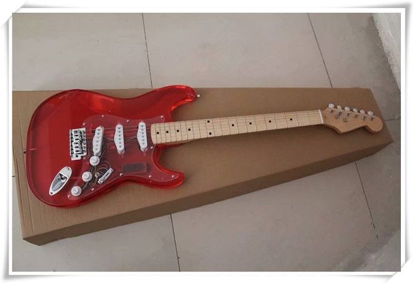 Chitarra elettrica con corpo in acrilico a luce LED rossa con ponte tremolo piccolo, pickup SSS, personalizzabile