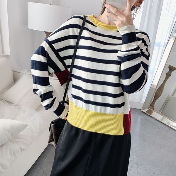 

women sweater 2019 new yellow round neck color long sleeve fashion loose knitted sweater, White;black