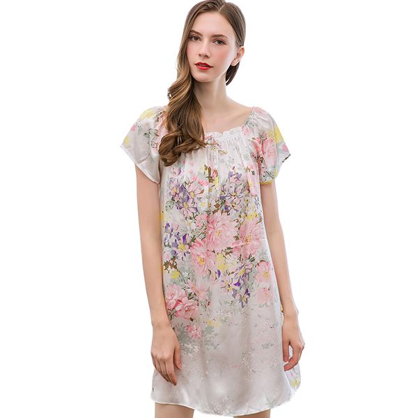 

100% натуральный шелк real сорочка nightgown для женщин печати короткие рукава свободные thin nightdress пижамы ночное платье ночь, Black;red