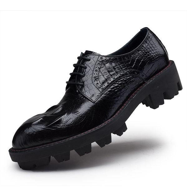

fashion mens dress shoes genuine leather pointed toe men formal derby flat lace-up crocodile pattern wedding shoes, Black