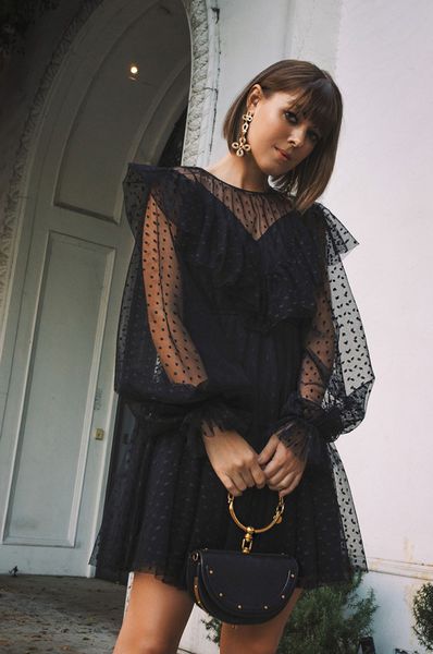 

женское короткое платье в горошек с длинными рукавами черные платья, Black;gray