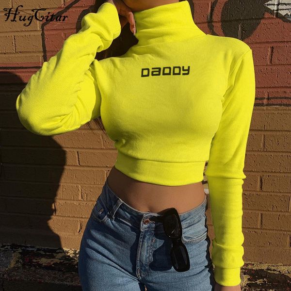 

hugcitar cotton long sleeve letters print high neck crop 2019 autumn winter women sweatshirt streetwear, Black