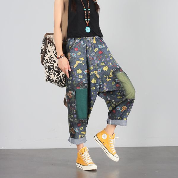 

baggy jeans women do old style low drop crotch cowboy joggers japanese streetwear denim harem pants plus size american trousers, Blue