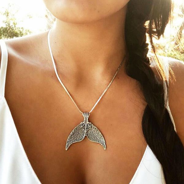 

bohemian beach ocean style fish tail pendant necklace vintage multilayer mermaid tail chain necklace women fashion jewelry yn38, Silver