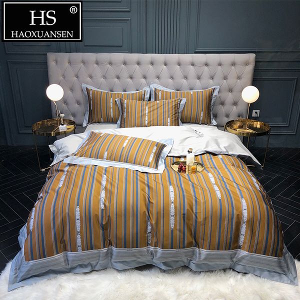 

yellow stripe digital print 4pcs bedding set 650 thread count egyptian cotton double bed linen sets  king size sheet set