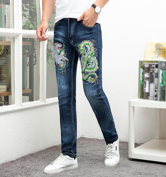 

2019 brand jeans men blue embroidery ripped disressed homme denim trousers plus size 29-38 full length male pants
