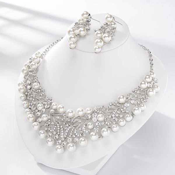 

eseres vintage dubai women bridal jewelry sets pearls beads rhinestone necklace and earrings sets, Silver