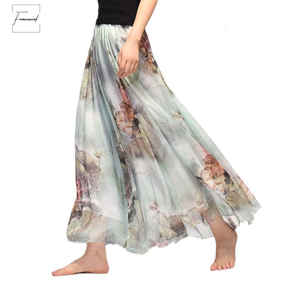 

summer elegant skirt 2019 women long chiffon saia beach bohemian maxi high waist tutu casual vestidos skirts harajuku print, Black