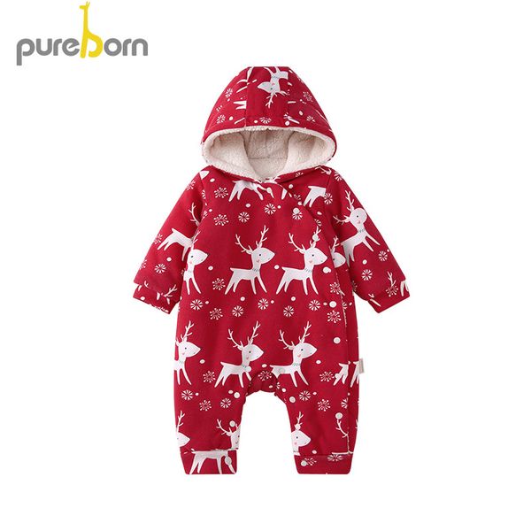 

pureborn newborn baby romper fleece lined hooded baby girl clothing baby boy winter jumpsuit outfit christmas costumes y200320, Blue