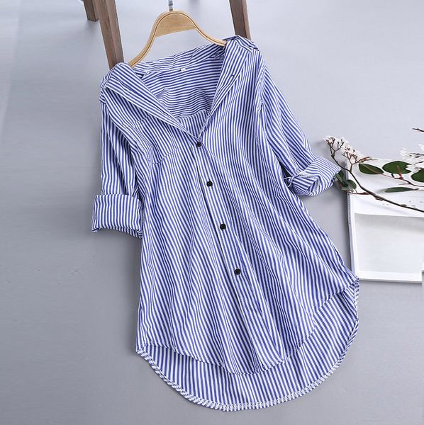 

plus size summer fashion button striped blouse cotton loose tee female womens long sleeve shirt blusas femininas pullover, White