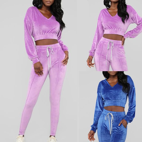 

2019 new women's tracksuit solid long sleeve crop shirts sportswear v-neck running suit workout casual loose jumpsuit, Black;blue