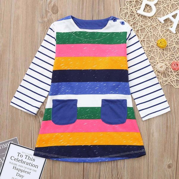 

highquality 2019 new modis toddler children kids girls girls long sleeves cartoon rainbow stripe dress clothes girls kid dresses summer, Red;yellow