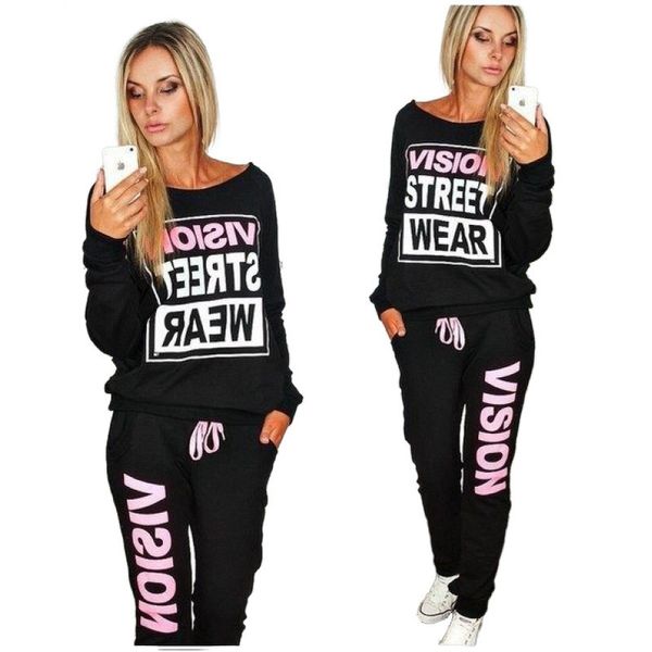 

womens designer letter print sports suit season round neck sweater two-piece, Black
