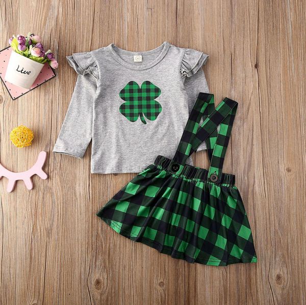 

toddler baby girl clothes sets 2pcs cotton floral print long sleeve t-shirts plaids strap dress outfits, White