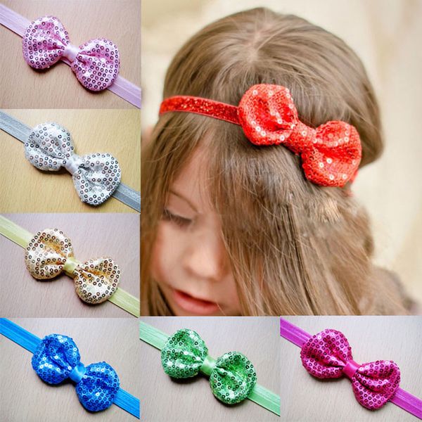 

baby girl infants shiny paillette bow headbands children kids elastic bowknot hairbands hair accessories princess headdress, Slivery;white