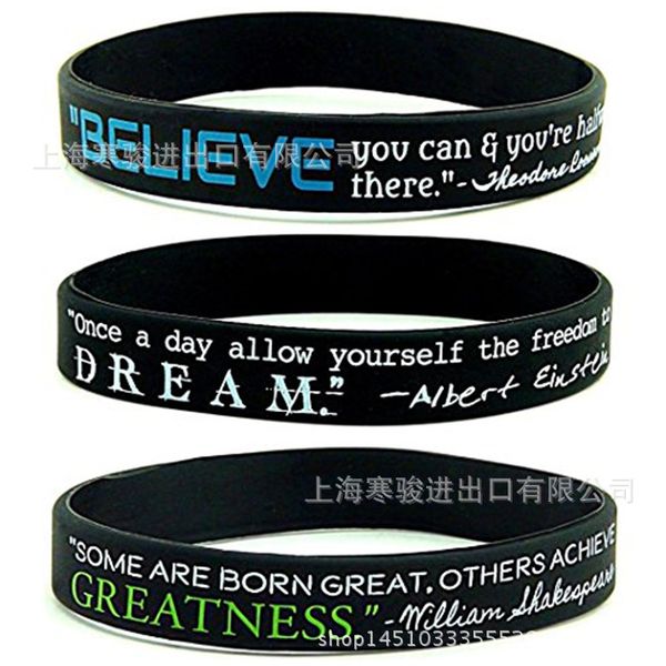 

believe dream greatness printed letters silicone sports bracelets & bangles women fluorescent rubber fitness wristband bracelet, Golden;silver