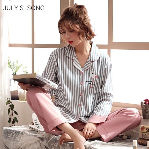 

july's song women flamingo cotton pajamas set 2 pieces sleepwear soft long sleeves women spring summer autumn casual homewear, Black;red