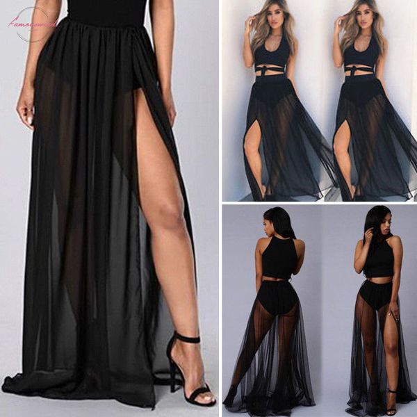 

4 colors available women side mesh skirt see through floor length beach skirt long maxi solid black long skirt