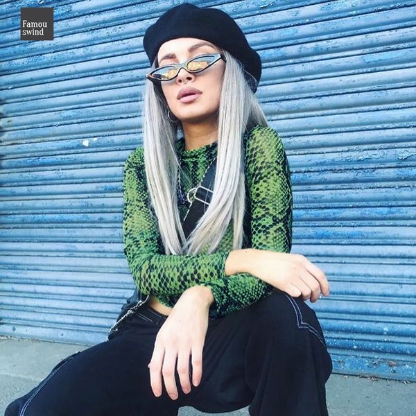 

tshirt snake print perspective t shirt bodycon long sleeve o neck streetwear cropped polyester mesh tee shirt femme, White