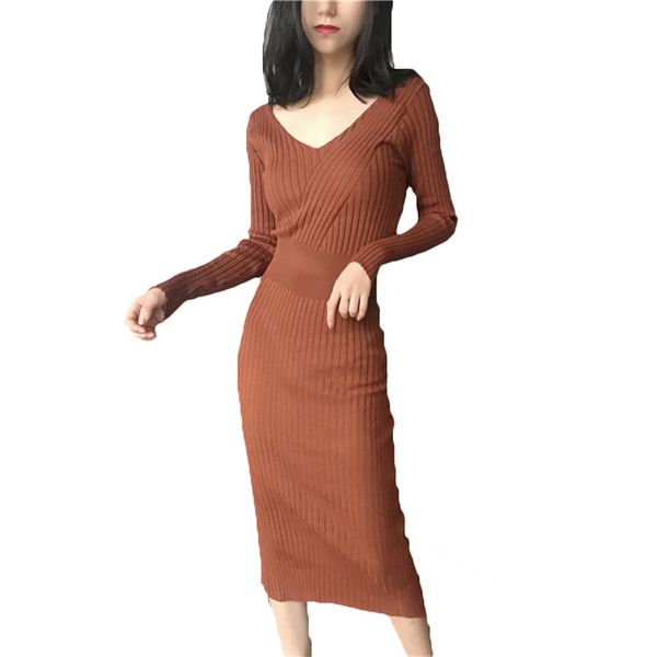 

2019 autumn winter v-neck slim knit long section platycodon step skirt sweater bottoming dress for women vestidos xa57, White;black