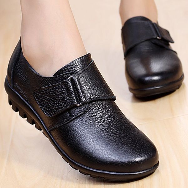 

women flat shoes big size 4.5-.5 hook & loop casual womens genuine leather loafers shallow comfortable female shoes, Black