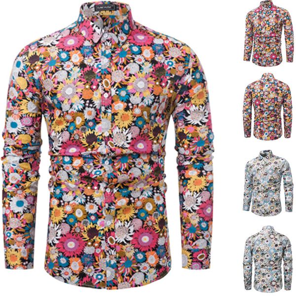 

men's size xs-2xl sun flower printing shirt long-sleeved business casual turn-down collar tees shirt clothing, White;black