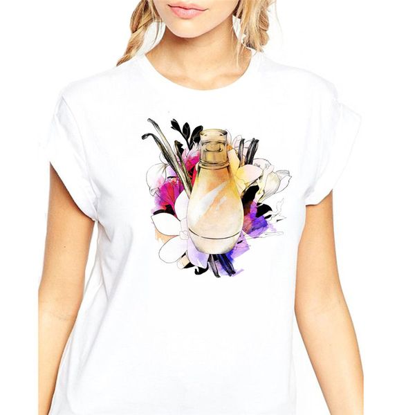 

Street Fashion T-Shirt Cartoon Flower Perfume Harajuku Print Casual Summer Ladies Basic Slim Short Sleeve Clothing