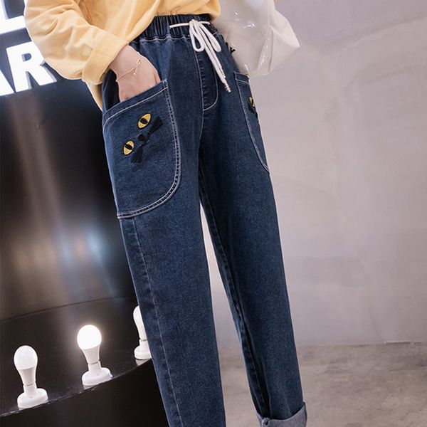 

fashion embroidery jeans woman plus size stretch high waist jeans ladies women harem big pocket loose pants mujer, Blue