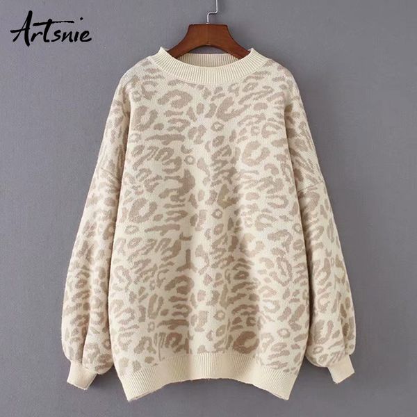 

artsnie streetwear leopard casual women sweater autumn 2019 o neck long sleeve pullover jumpers winter knit warm sweaters mujer, White;black