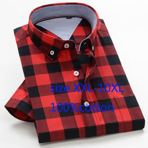 

2019 new fashion men short sleeve summer large thin loose 100%cotton shirts formal plaid plus size xxl-10xl 42- 50, White;black