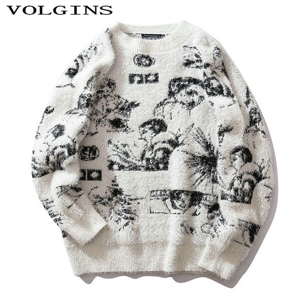 

streetwear printing pullovers men sweaters winter high street loose o neck casual fashionable male sweater, White;black