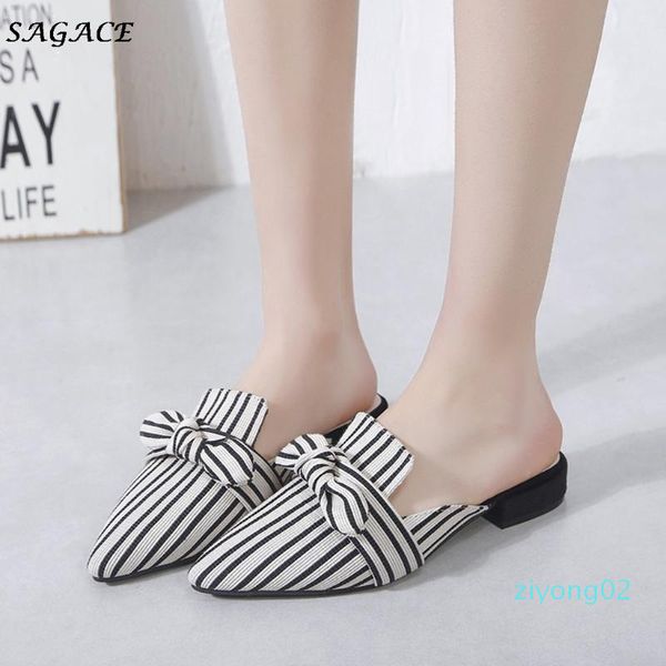 

vintage striped bowknot slipper women fashion pointed toe slip on flat shoes woman casual sandals flip flops summer slipper2020 z02, Black