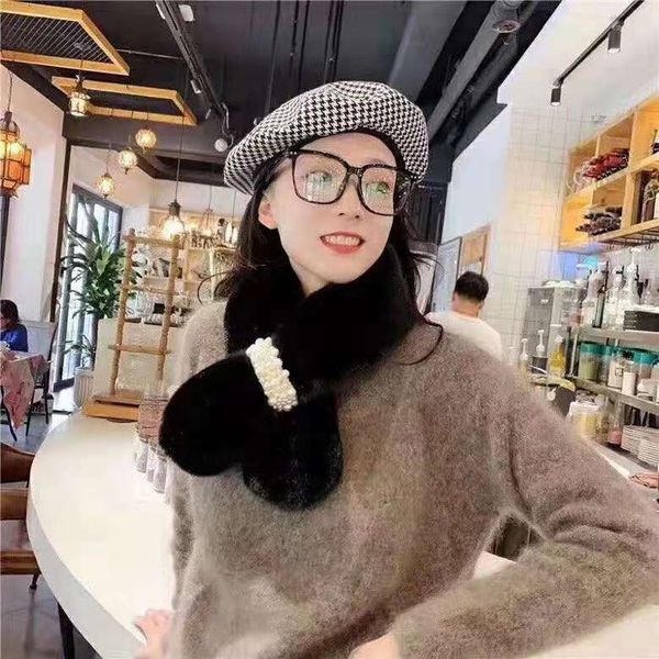 

wholesale-autumn/winter 2019 pearl hair scarf, pearl button cross thick mink fur tie scarf, Blue;gray