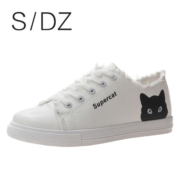 

sdz canvas shoes for girls 2020 summer fashion cute cartoon cat casual sneaker solid sweet women's flat shoes size 35-40, Black