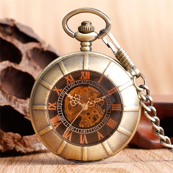 

antique vintage double half hunter men women hand winding mechanical pocket watch bronze clock with pendant fob chain present gifts, Slivery;golden