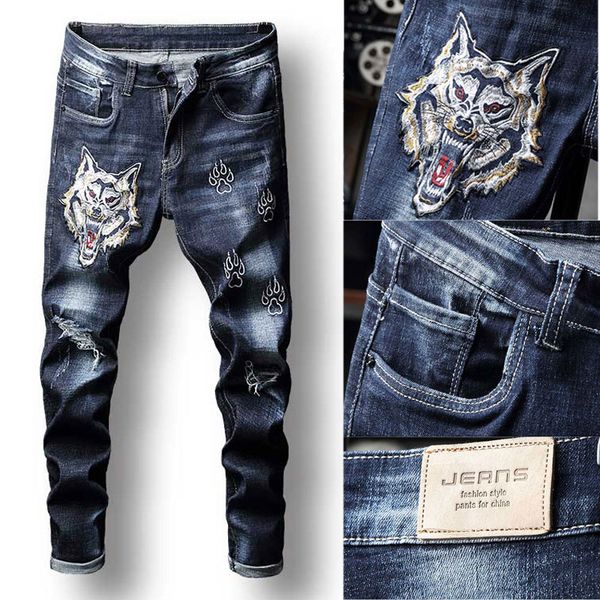 

new men painted jeans embroidery distressed patches denim pants casual fashionable pencil pants mid waist colorful ing, Blue