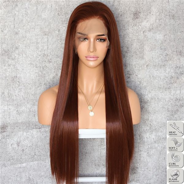 Long Straight Hair Auburn Color Glueless Synthetic Lace Front Wigs