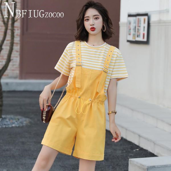 

2020 summer new women sets stripe t shirt and jumpsuit female sets, White