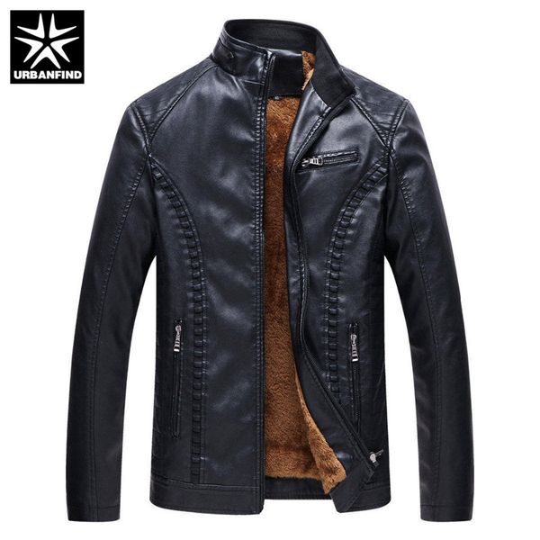 

urbanfind 2018 new winter men motorcycle keep warm leather jackets fashion brand men's fleece solid color leather jacket coats, Black