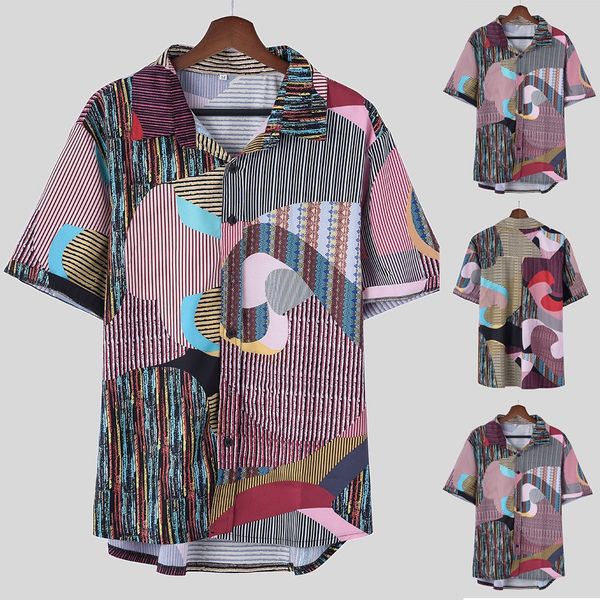 

shirt men summer 2019 fashion casual lapel pattern print wild men short sleeve shirt blouse harajuku, White;black